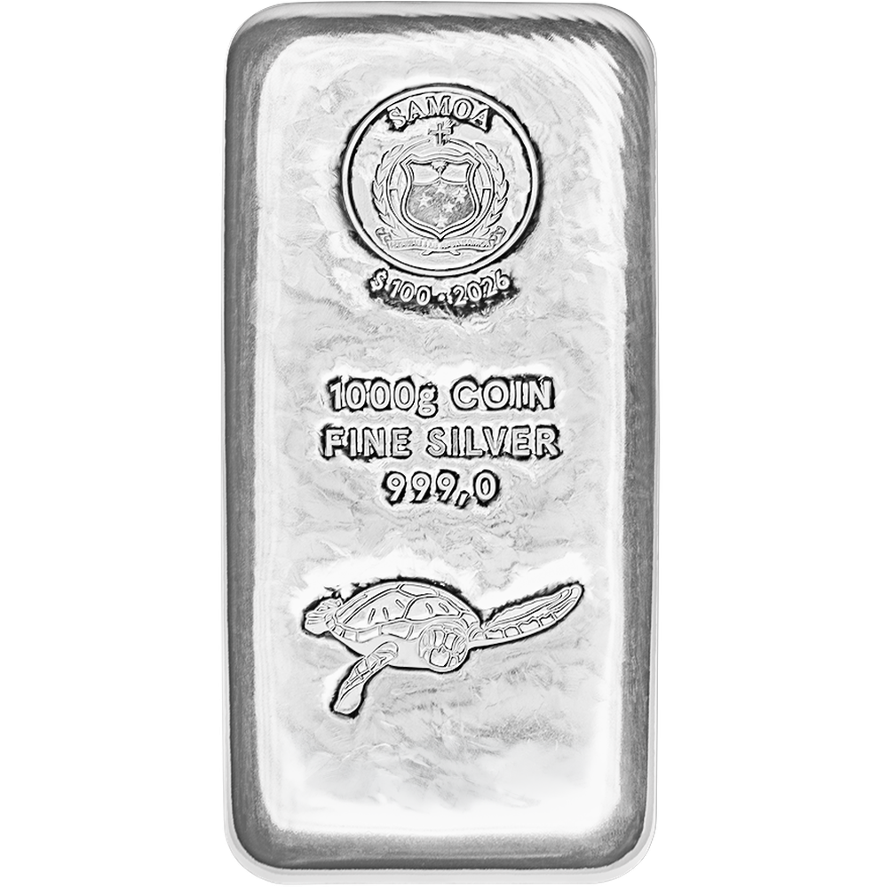Samoa Silbermünzbarren mit 1000g Prägung, Samoa Wappen, Jahreszahl 2026 und Schildkrötensymbol, 999,0 Feinheit.