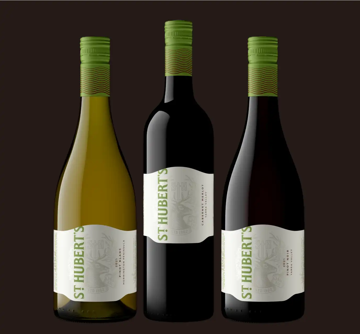 St Hubert's Pinot Blanc, Cabernet Merlot and Pinot Noir bottles
