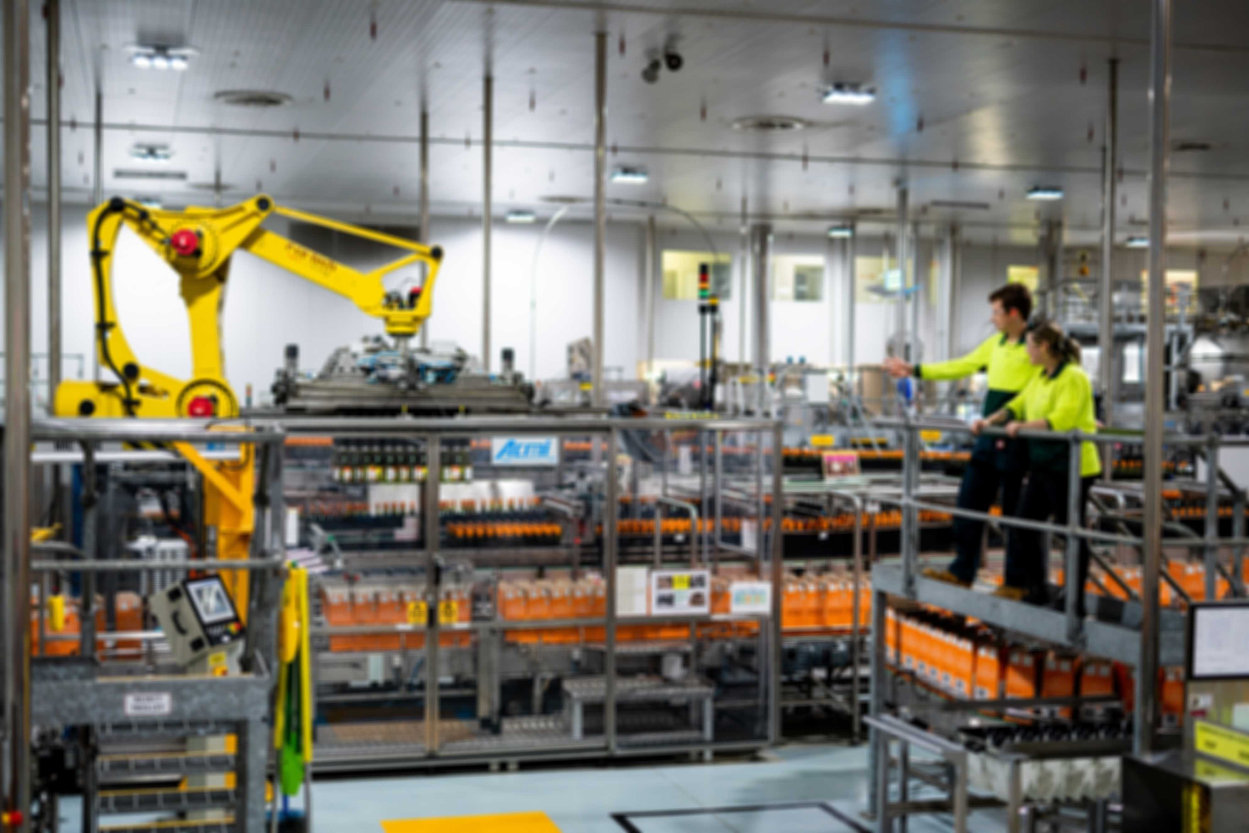 two team members looking over bottling lines