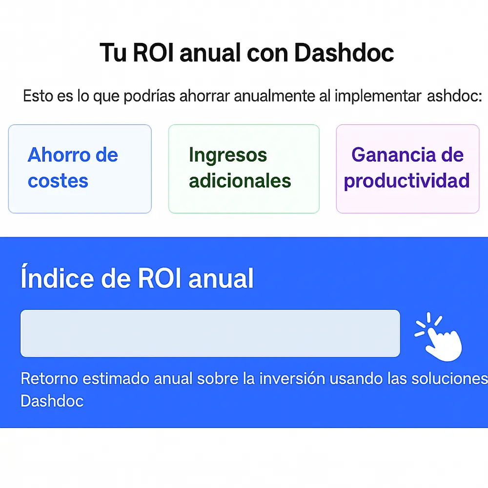 Interfaz de calculadora de ROI en español que muestra los ahorros potenciales con Dashdoc en reducción de costes, aumento de ingresos y mejoras de productividad, dentro de un sistema de gestión del transporte (TMS).