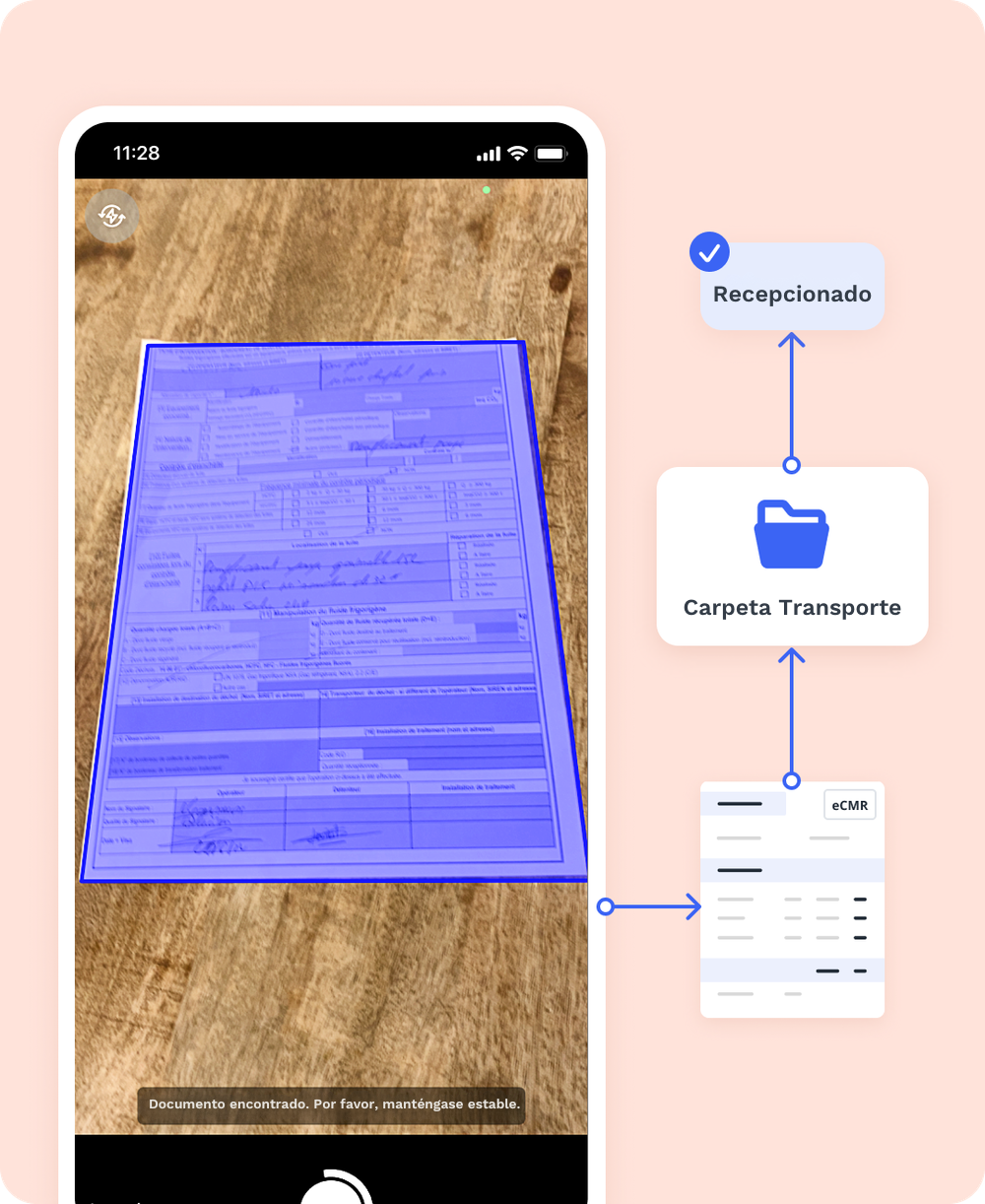 Smartphone sobre una mesa de madera mostrando un documento escaneado, con iconos que indican su recepción y guardado en una carpeta de transporte vinculada a un eCMR internacional.