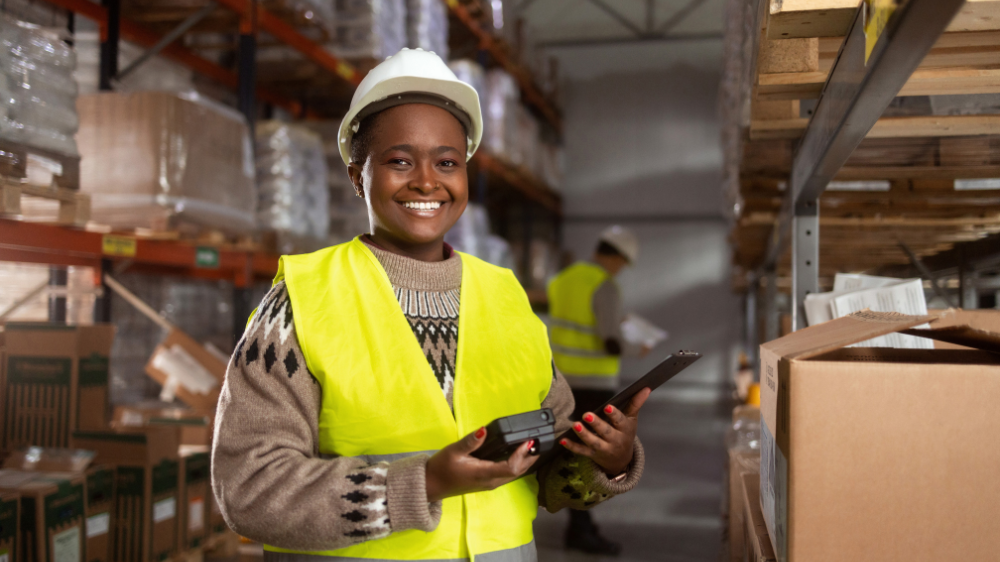Traçabilité transport en entrepôt : opérateur logistique avec casque et gilet de sécurité tenant un clipboard pour le suivi des ordres de transport et des opérations de stockage