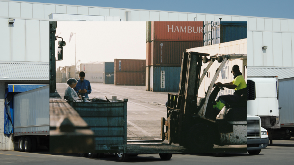 Carretilla elevadora moviendo un contenedor en un patio logístico, con trabajadores y contenedores apilados al fondo, durante una operación de estiba de carga.