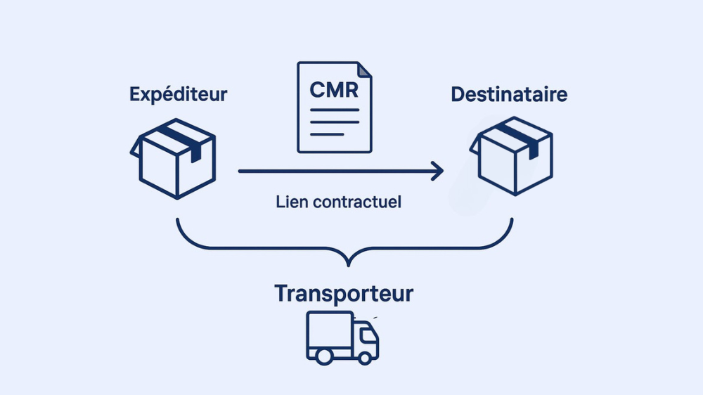 Schéma représentant le parcours d’un colis de l’expéditeur au destinataire, avec la signature du transporteur sur le document CMR et un lien contractuel entre les parties.