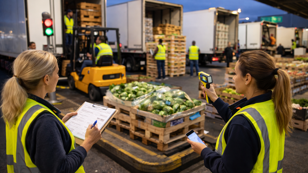 Équipe en gilets haute visibilité déchargeant des légumes sur un MIN marché, avec contrôle sur clipboard et scan des colis au quai.