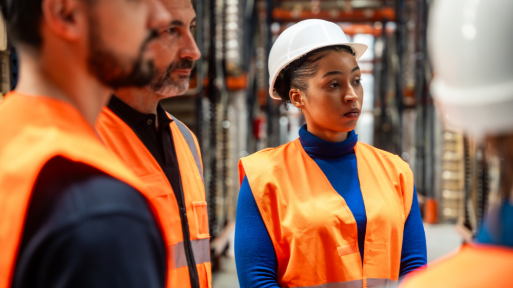 Équipe d’opérateurs en gilets de sécurité orange et casques blancs échangeant dans un entrepôt, illustrant la logistics management, la coordination des équipes et le pilotage des opérations logistiques.
