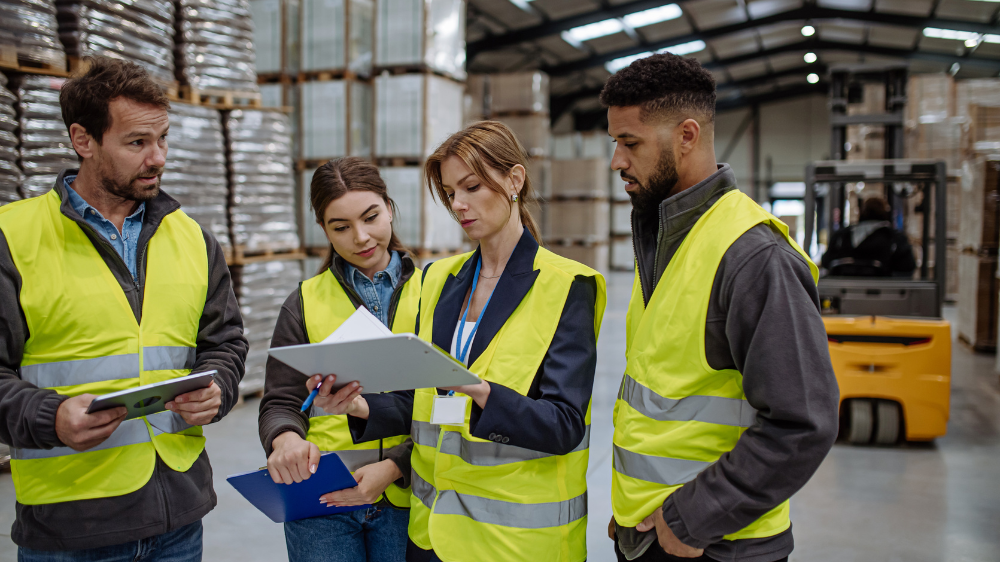 Quatre opérateurs logistiques en gilet de sécurité vérifient des documents de traçabilité transport dans un entrepôt, avec palettes, cartons et chariot élévateur en arrière-plan
