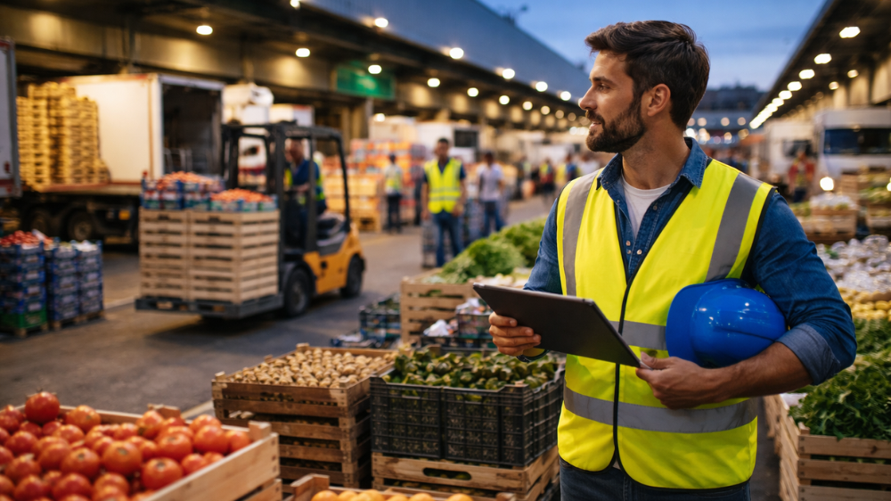 Homme en gilet de sécurité et casque tenant un clipboard sur un MIN marché, entouré de caisses de fruits et légumes en zone de chargement.
