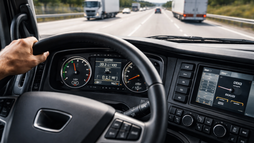 Gros plan sur le tableau de bord d’un camion avec affichages numériques et compteurs, tandis que la main du conducteur tient le volant sur une autoroute fréquentée, illustrant le suivi du carburant et l’impact de l’indice CNR gazole sur l’exploitation transport.