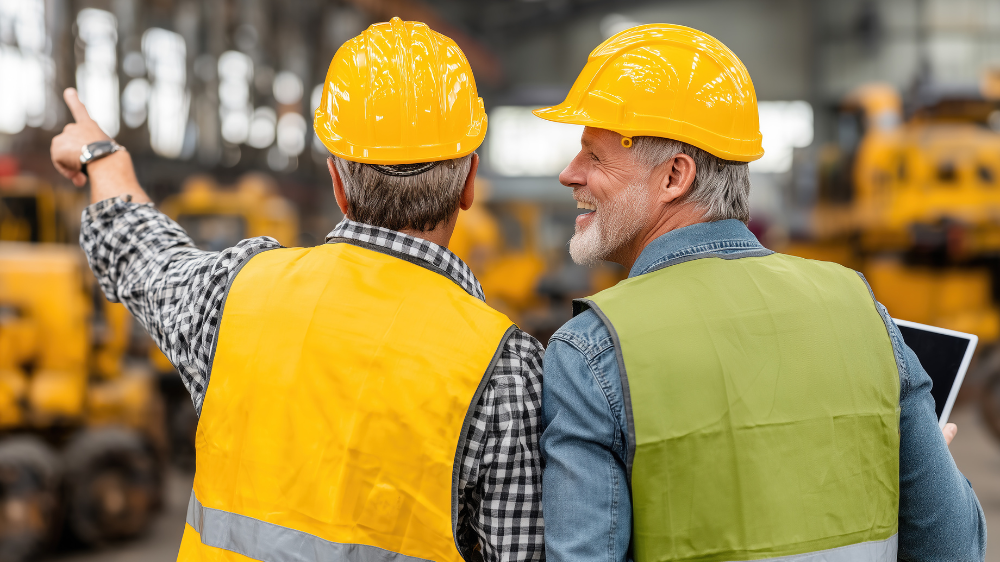 Deux opérateurs en casques et gilets de sécurité échangeant dans un entrepôt industriel rempli de machines l’un pointant une zone de travail dans un environnement piloté par un warehouse management software