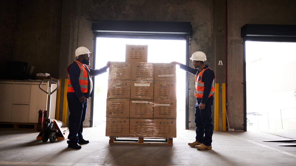 Dos operarios con equipo de seguridad inspeccionan cajas apiladas en un palé dentro de un almacén, con las puertas de carga abiertas al fondo, durante una operación de estiba de carga.