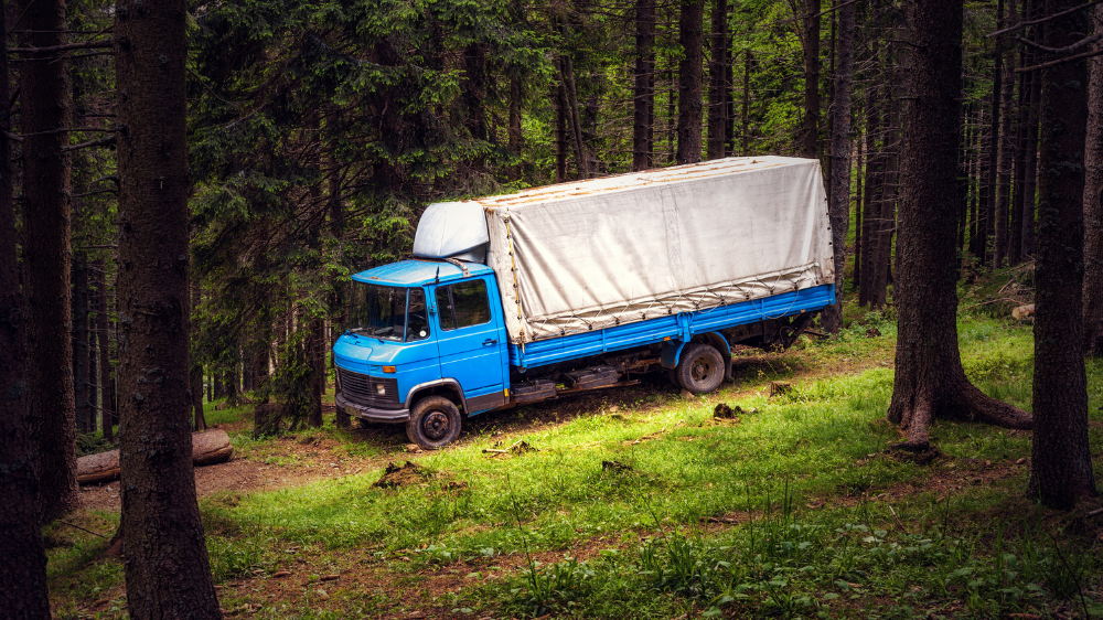Camión azul con lona blanca estacionado en un camino forestal, ilustrando un entorno natural vinculado a la logística medioambiental.