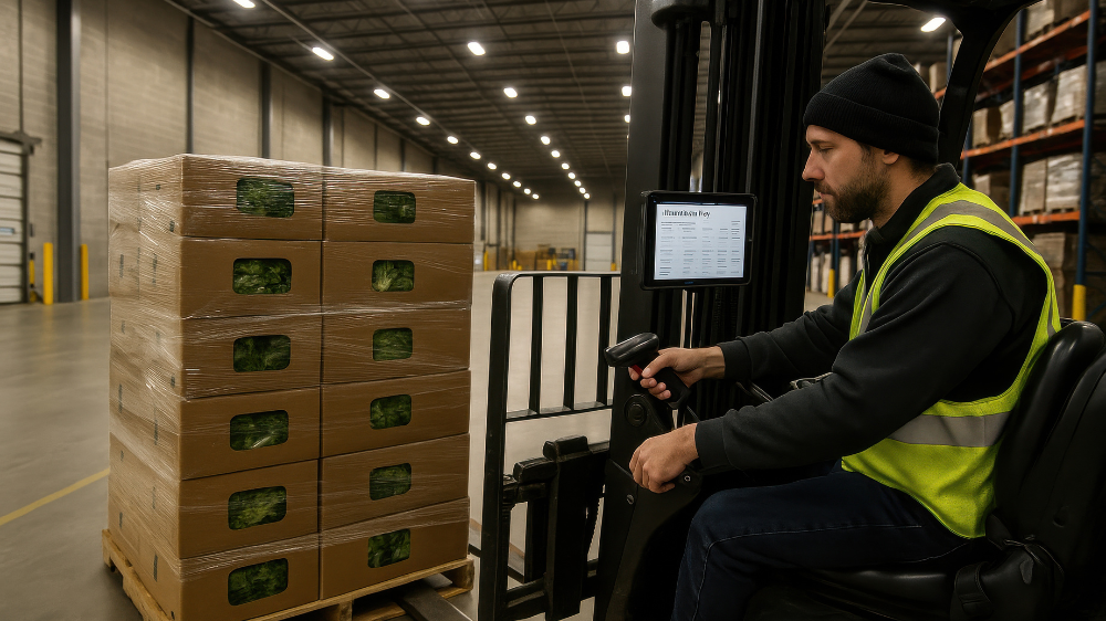 Un cariste en gilet haute visibilité manœuvre un chariot élévateur pour déplacer une palette de marchandises dans un entrepôt spacieux et lumineux, illustrant la traçabilité logistique des flux.
