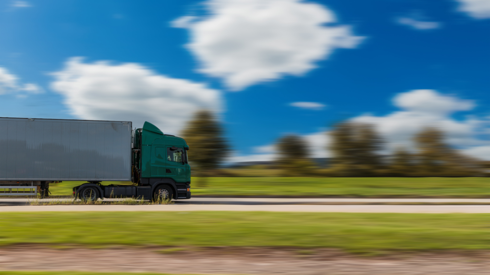 Camión verde circulando a gran velocidad por una carretera rural, símbolo de una estiba de carga equilibrada y segura durante el transporte.
