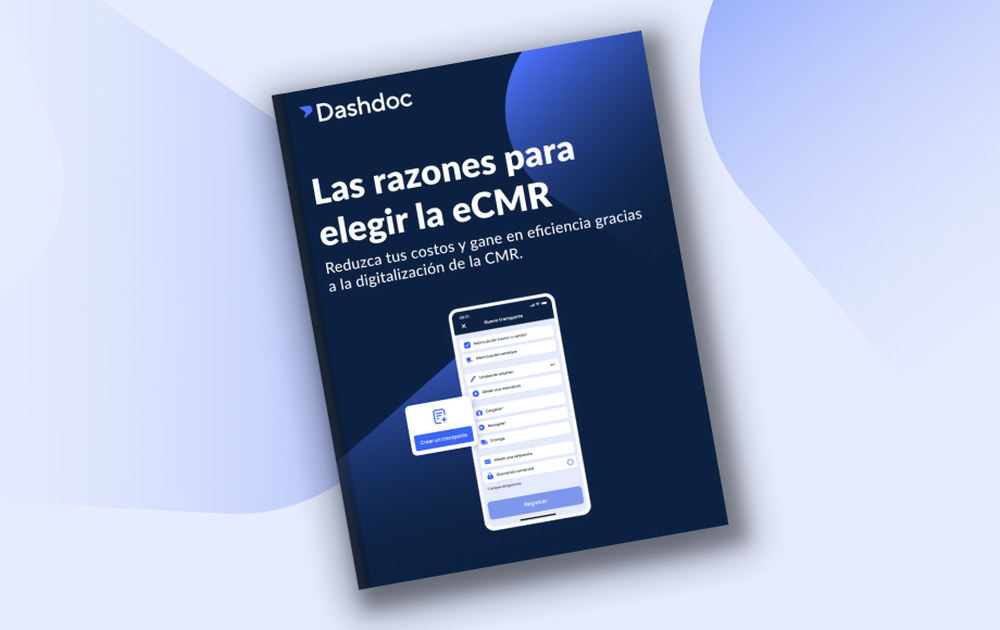 Folleto azul titulado « Las razones para elegir la eCMR » con la imagen de un smartphone mostrando una interfaz de aplicación digital, ilustrando la carta de porte digital.
