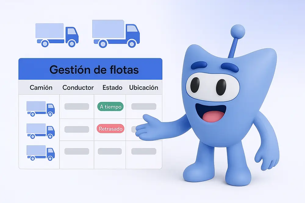 Ilustración de un personaje azul mostrando una tabla de gestión de flotas con camiones y estados “A tiempo” y “Retrasado”, relacionada con la eficiencia y la estiba de carga.