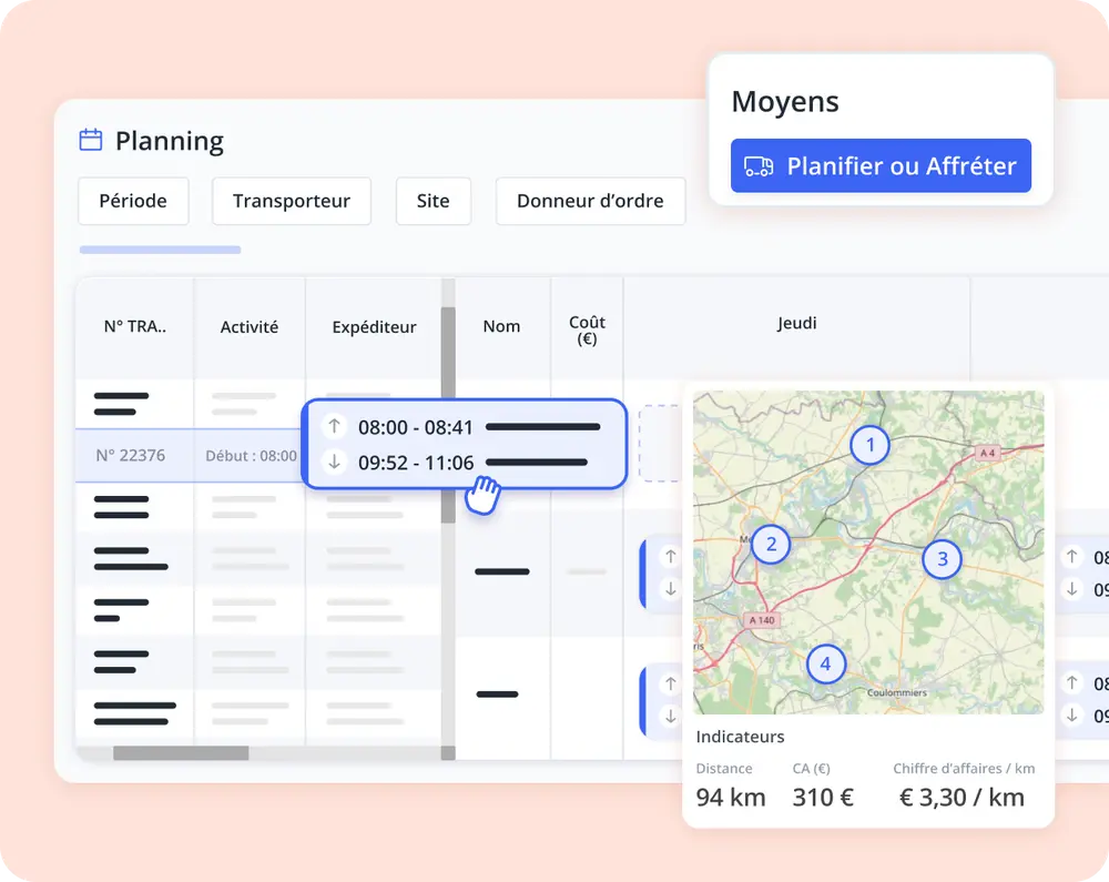 Interface TMS intégrant planning, carte et indicateurs de performance appliqués au flux tendu en logistique.