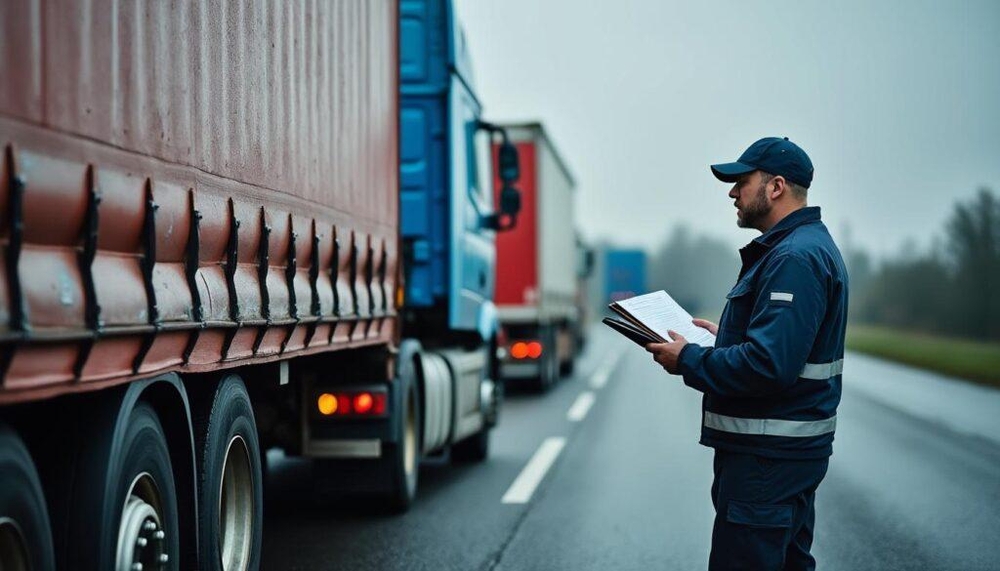 Homme en uniforme effectuant un contrôle de remboursement TICPE sur un poids lourd sur l'autoroute, tenant un clipboard. Plusieurs camions sont alignés sur la route.