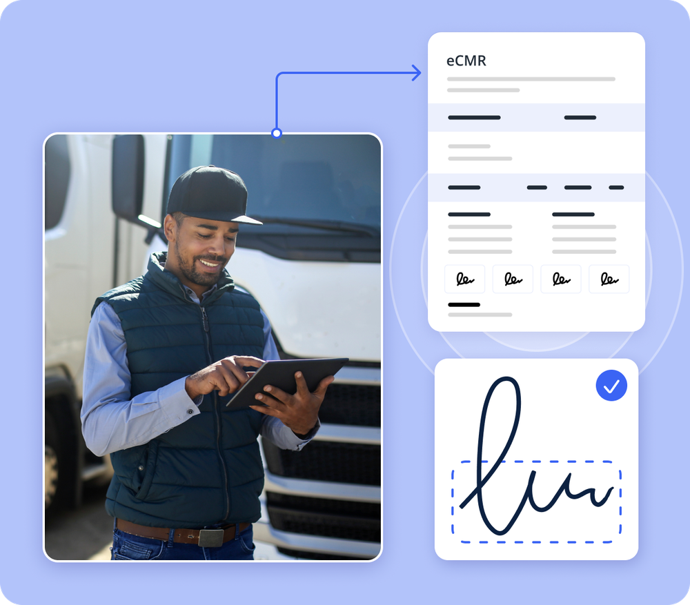 Uso del CMR transporte digital en tableta frente a un camión con iconos de firma electrónica