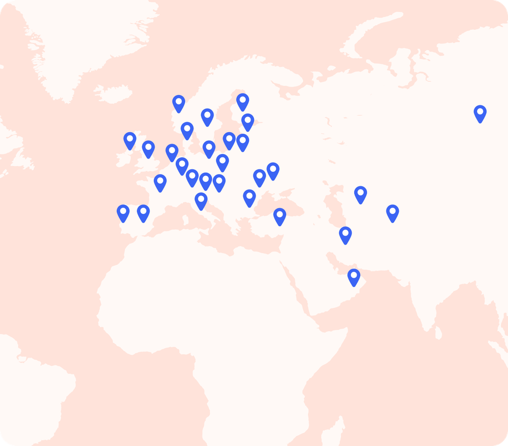 Mapa con marcadores de ubicación azules en Europa, partes de Asia y el norte de África sobre un fondo rosa.