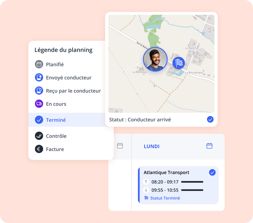 Interface TMS transport affichant le suivi des chauffeurs, une carte des itinéraires et les détails de planification avec indicateur de mission terminée.