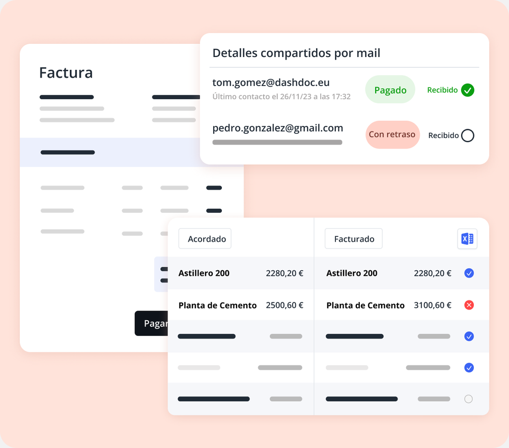 Interfaz de factura en español mostrando estado de pago, detalles de correo y montos de transacciones, ejemplo de digitalización financiera en la supply chain.