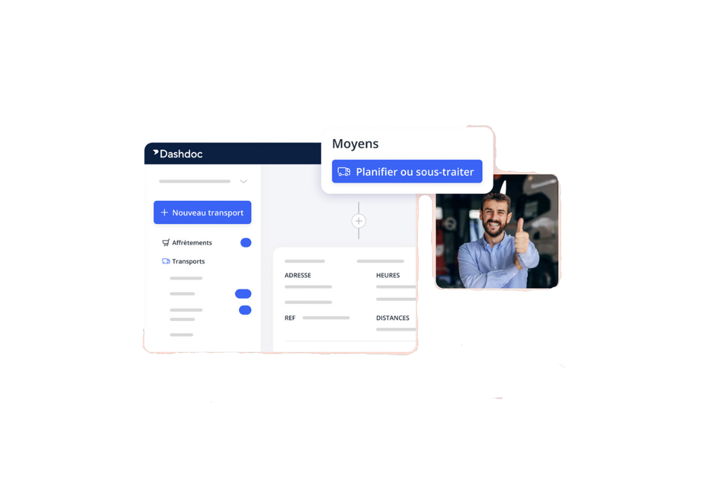 Tableau de bord Dashdoc affichant le formulaire de planification transport avec le tooltip Moyens Planifier ou sous traiter et un homme faisant un signe de pouce levé
