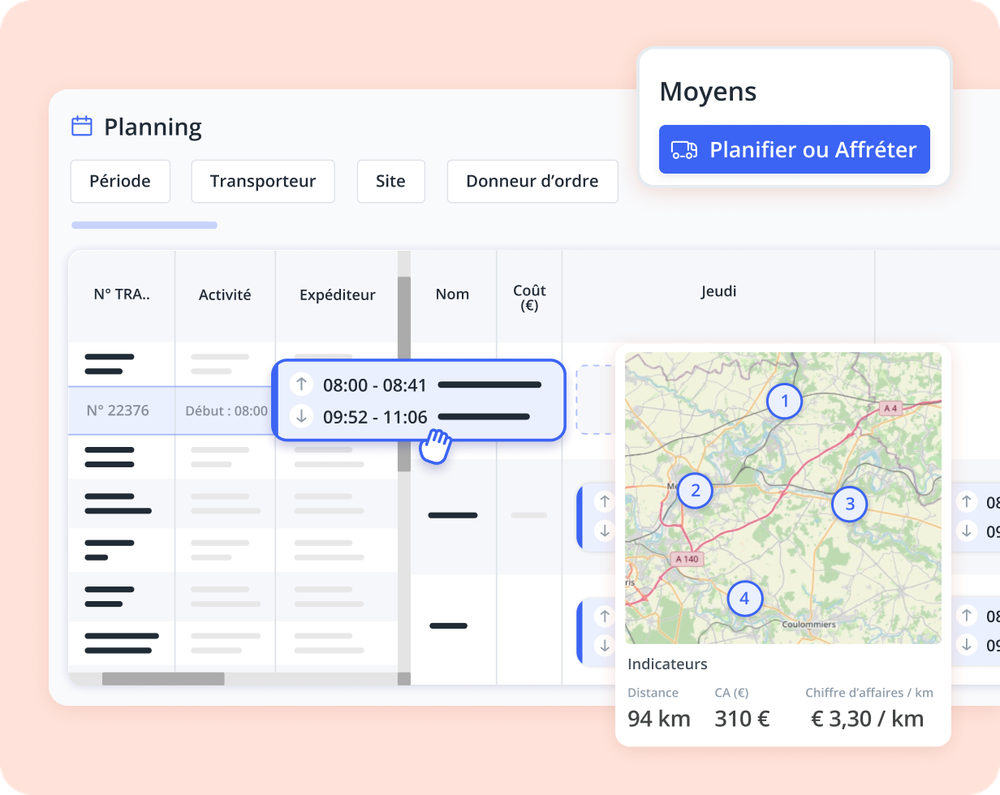 Interface de planification des tournées dernier kilomètre sur Dashdoc : visualisation de l'itinéraire, des créneaux horaires et des indicateurs de coût transport.