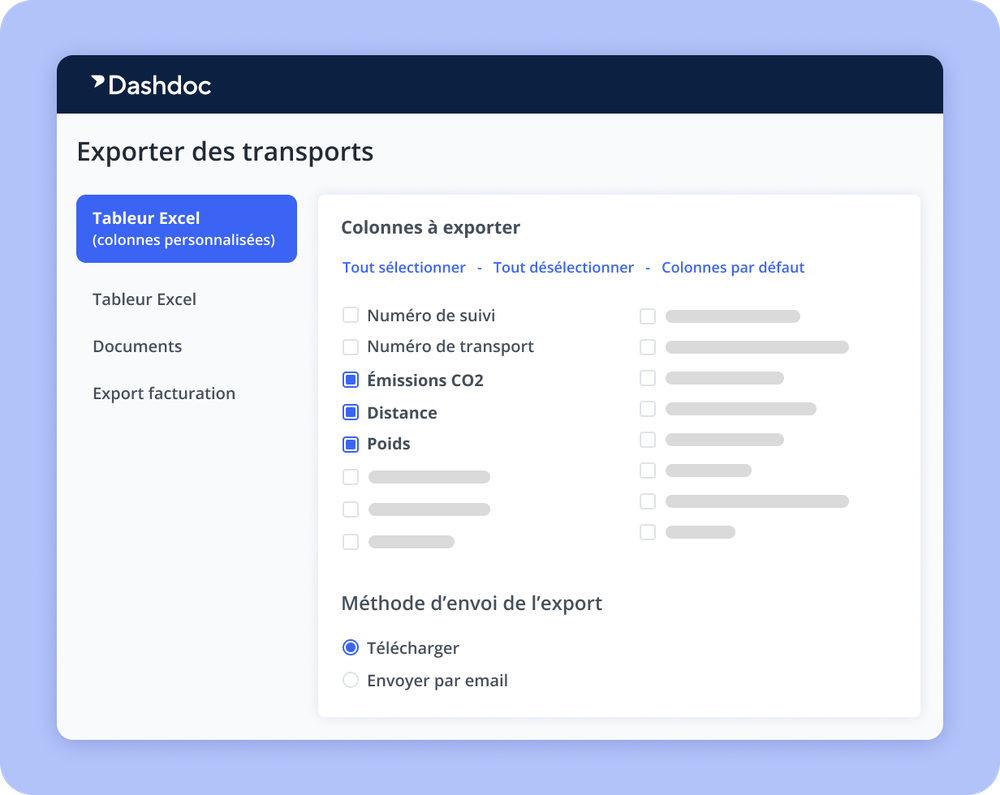 Export des données de transport et des émissions CO₂ pour une entreprise de transport en 2026