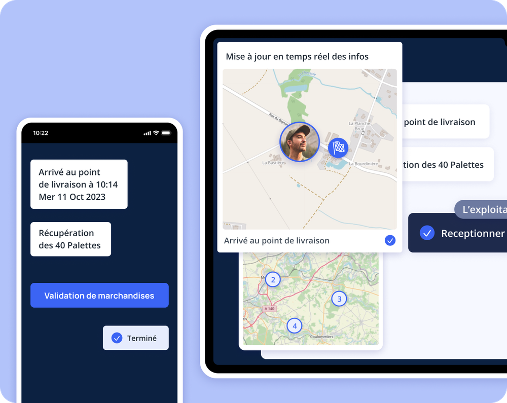 Écrans mobile et tablette affichant des mises à jour de livraison avec cartes, horaires et notifications de suivi en temps réel dans une interface TMS transport.