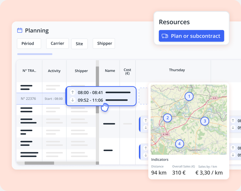 Interface d'un logiciel TMS affichant un planning de transport, une carte des itinéraires et un bouton d'affectation ou de sous-traitance