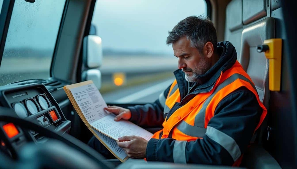 Transporteur en gilet de sécurité vérifiant ses documents de fret dans son véhicule, une étape clé après avoir trouvé une mission via une bourse de fret.