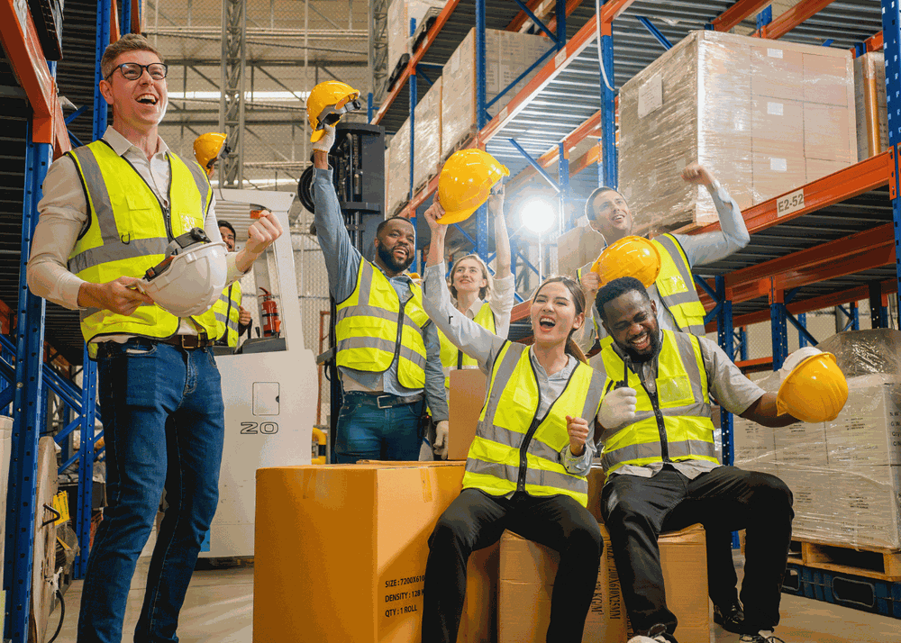 Équipe d’entrepôt en gilets haute visibilité célébrant dans un entrepôt 3PL logistique, certains tenant leurs casques, entourés d’étagères remplies de cartons.