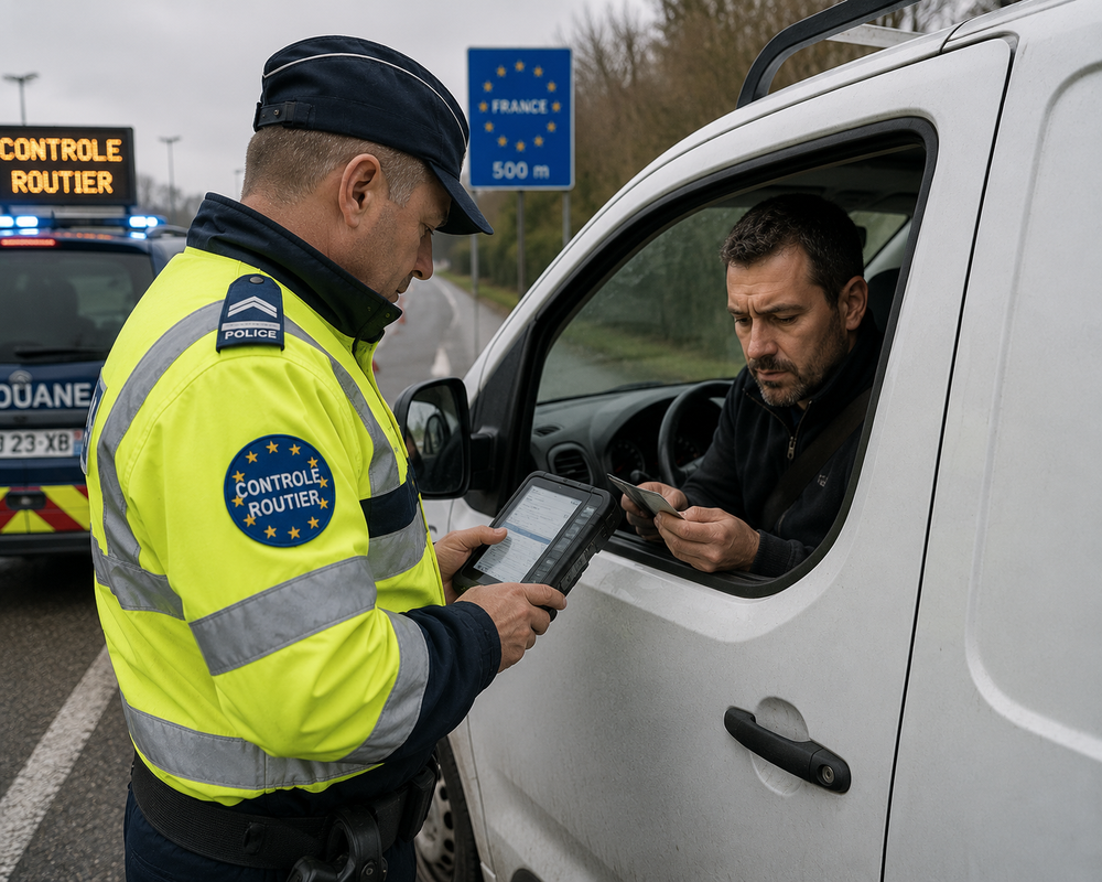 Agent effectuant un contrôle routier sur un véhicule utilitaire léger dans le cadre des nouvelles obligations du chronotachygraphe 2026