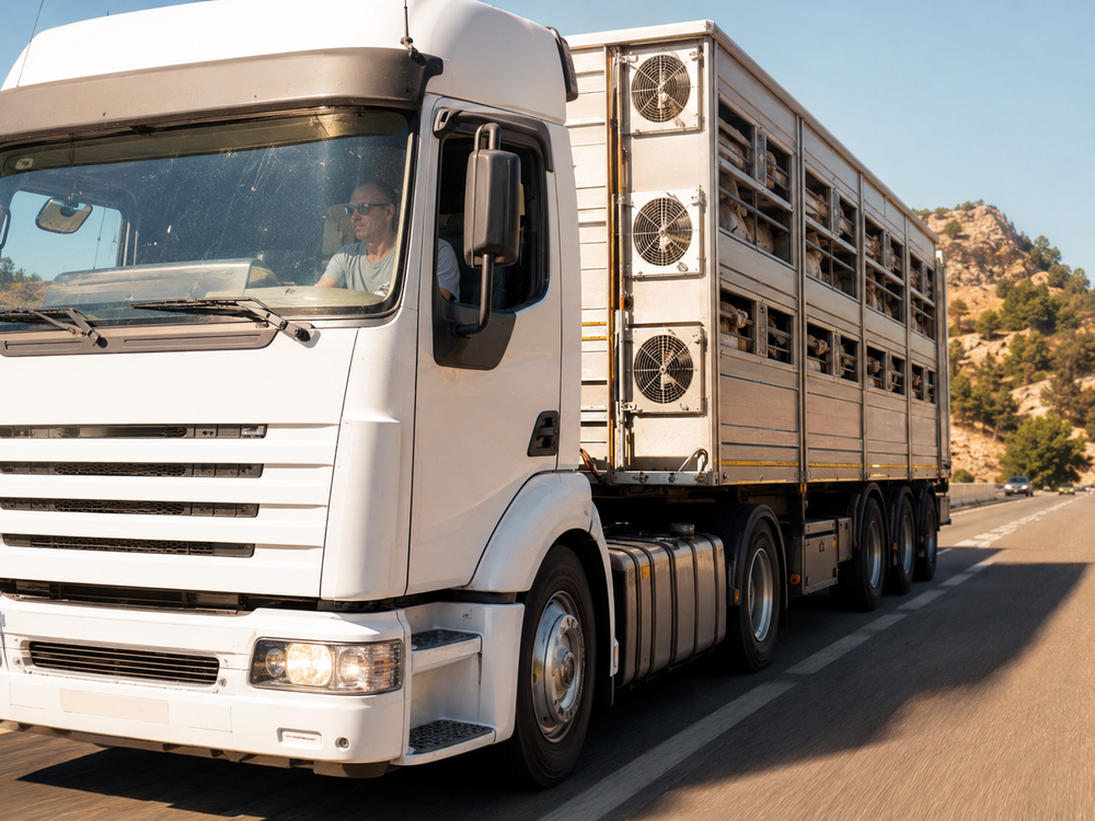 Transport d’animaux en période de canicule : un camion bétaillère blanc circule sur l’autoroute avec un chauffeur visible, des compartiments ventilés et des collines en arrière-plan.