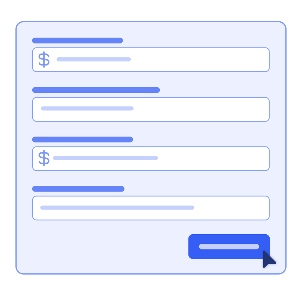 Illustration d’un formulaire avec des champs vides et des signes dollar, symbolisant le calcul du ROI TMS transport avant validation.