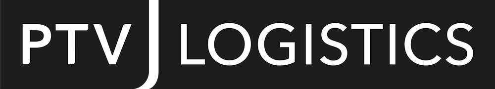 Logo noir et blanc de PTV Logistics avec une typographie moderne et épurée, éditeur de logiciel d’optimisation de tournée pour le transport et la logistique.