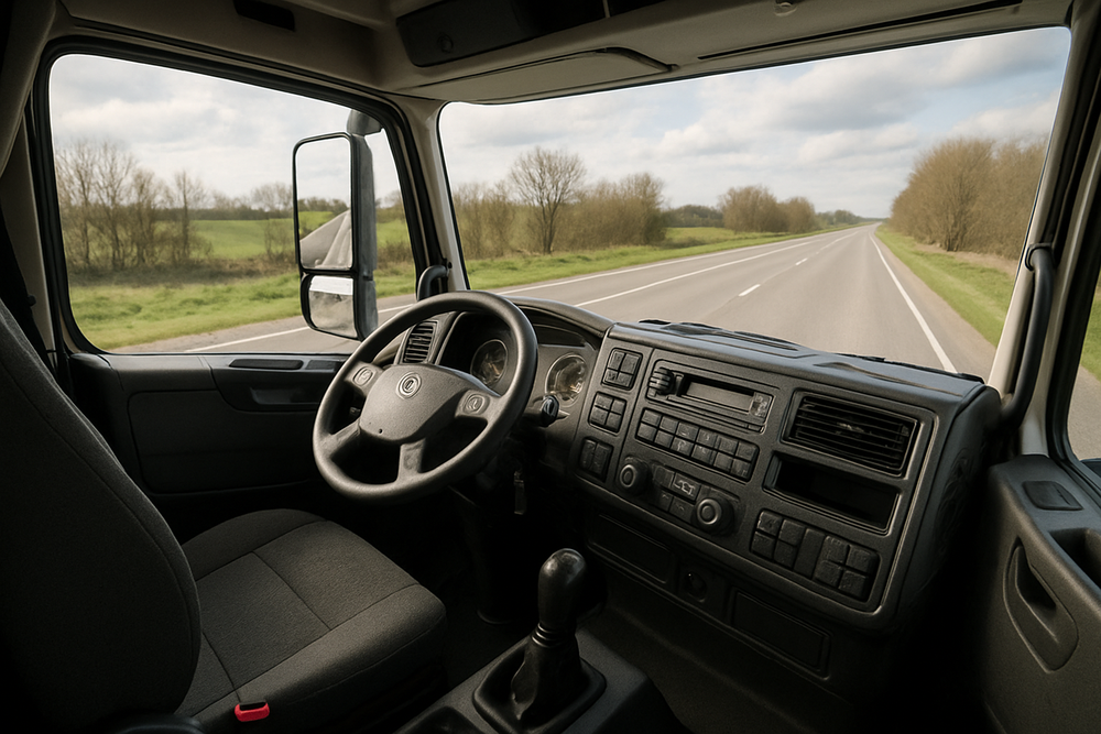 Driver reviewing ELD hours-of-service data on an in-cab tablet
