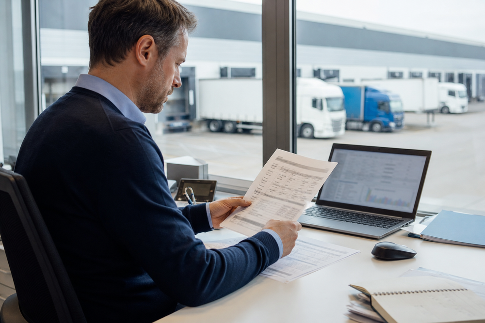 Responsable transport analysant un cahier des charges EDI dans un bureau logistique, avec des camions visibles devant l’entrepôt.