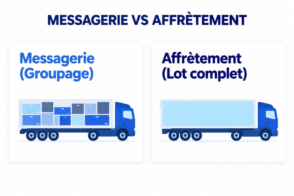 Infographie comparant la messagerie transport routier (groupage) et l'affrètement (lot complet) de marchandises.