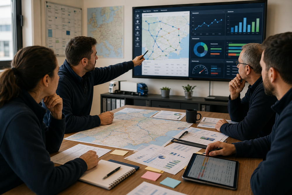 Four people in a meeting room discuss data on a large screen, with charts, maps, and documents on the table. One person points at the screen.