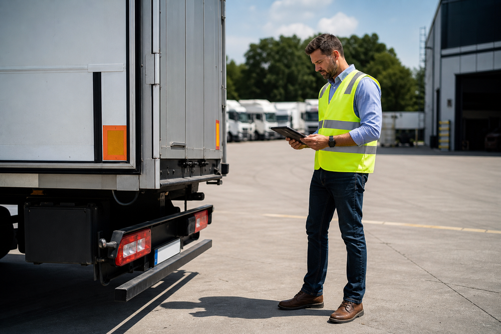 Chauffeur et exploitant vérifiant la lettre de voiture internationale sur une tablette avant un départ, illustrant l'usage de l'eCMR dans les pays signataires