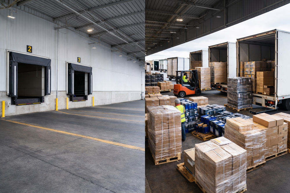 Comparación entre un muelle de carga vacío (almacenamiento tradicional) y un muelle activo con carretilla elevadora moviendo paletas (cross-docking en acción)