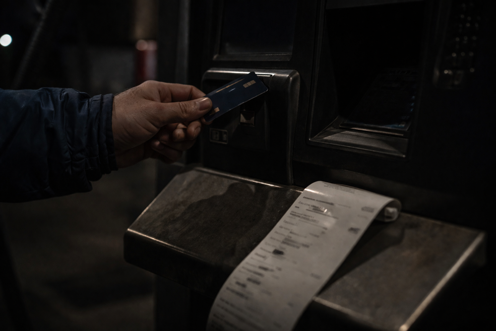 Conducteur insérant une carte carburant dans une borne de paiement, illustration de la fraude carburant camion en transport routier.