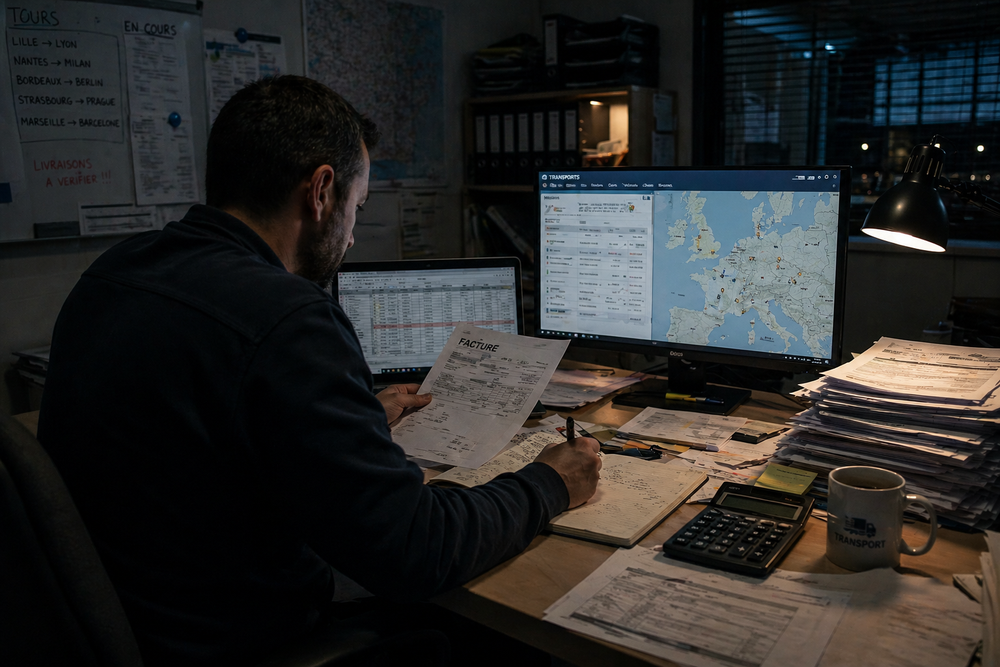 Transporteur consultant une bourse de fret sur deux écrans avec une carte de l'Europe, pour optimiser ses rotations et réduire ses kilomètres à vide.