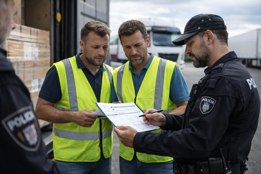 Control de transporte en carretera con eFTI en España, un agente muestra la documentación a dos operarios con chaleco reflectante junto a un camión mientras otro policía supervisa la inspección.