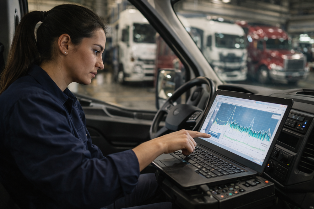 Responsable de mantenimiento revisando su reloj y su teléfono con expresión de tensión frente a un camión inmovilizado en un taller, ilustrando los costes y urgencias del mantenimiento flota.