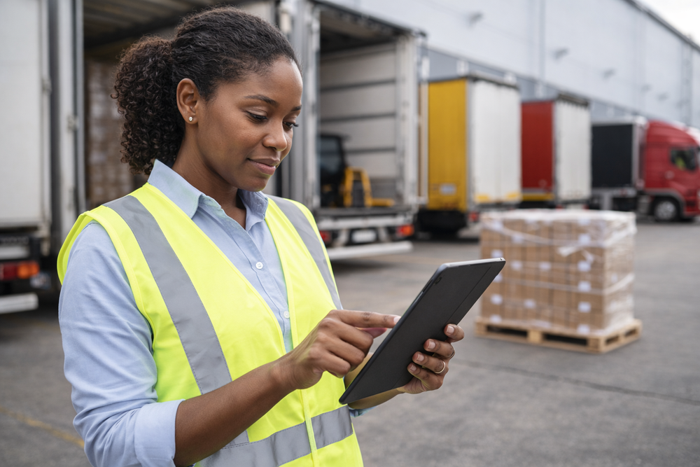 Agent de quai en gilet de sécurité jaune consultant une tablette devant des camions et des palettes sur une plateforme de cross-docking.