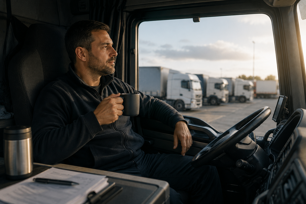 Camionero tomando café dentro de la cabina durante una pausa en un área de servicio, con varios camiones visibles al fondo, imagen ilustrativa del transporte por carretera en España.