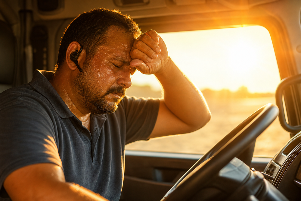 Conducteur routier en période de canicule, assis dans sa cabine, transpirant et visiblement épuisé, la tête appuyée contre sa main tandis que le soleil entre par la fenêtre.